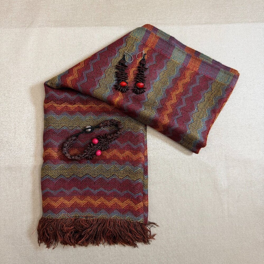 Red Orange And Green Scarf And Brown And Red Seed Earrings And Necklace Accessor